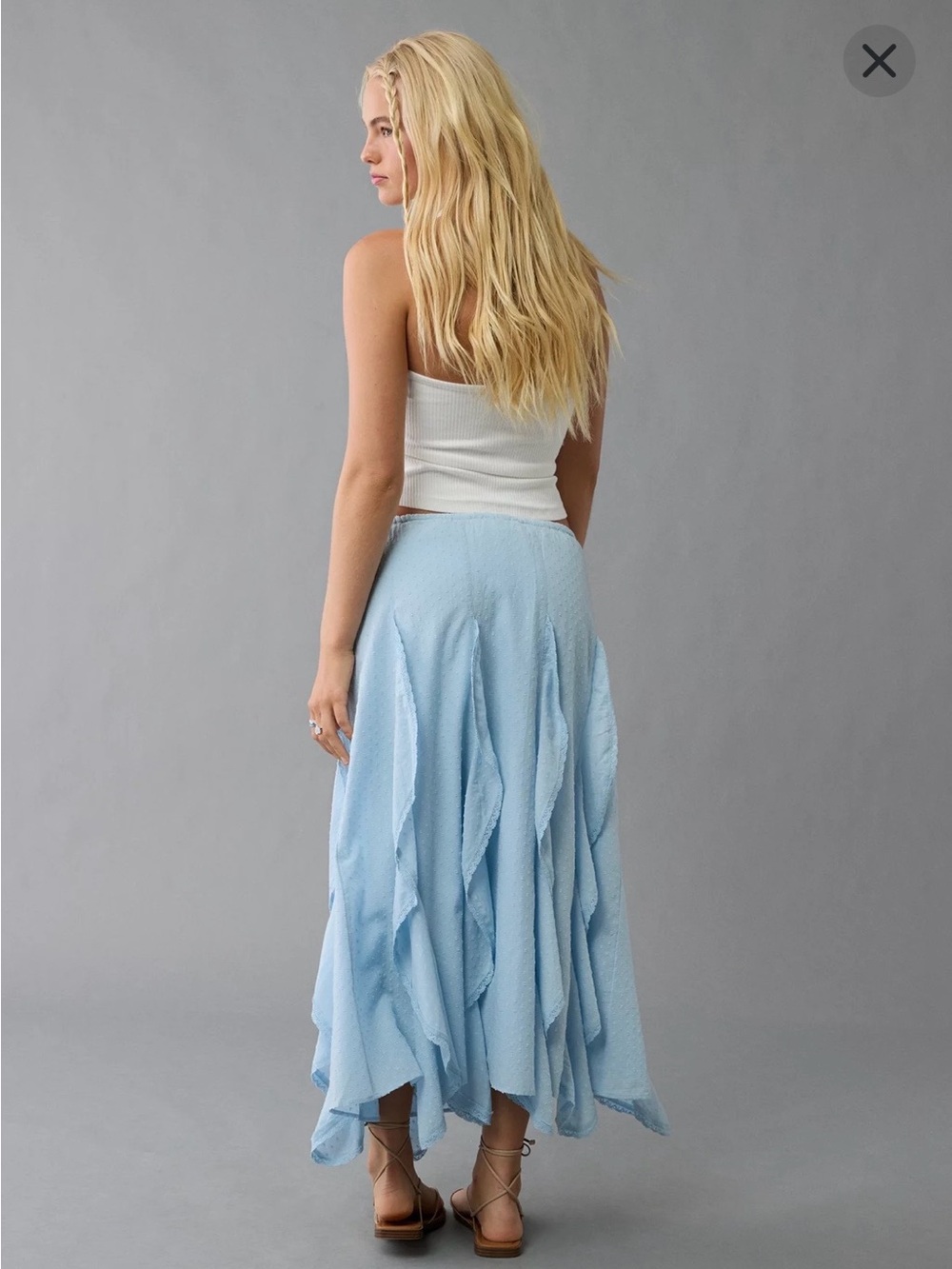 American Eagle Maxi Skirt Cascade Ruffle Textured Cotton Light Blue Boho Size L - Picture 2 of 12